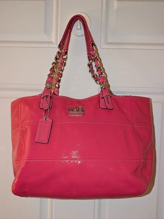 Coach Handbags - Coach Madison Tribeca Patent Leather Tote Bag Chain Strap Pink Silver VGUC